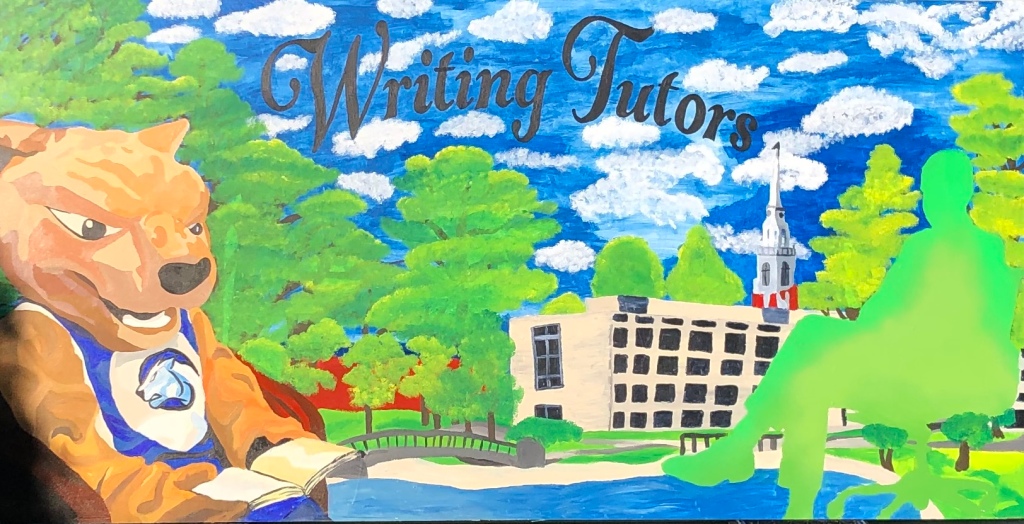 The mural in full. It is a painting of Wheaton's campus, with Peacock Pond, Meneely, and the steeple of the chapel visible, as well as many trees. In the foreground, Roary is sitting in a red chair and reading a book on the left, and there is a green silhouette of a person sitting in a swivel chair on the right.
